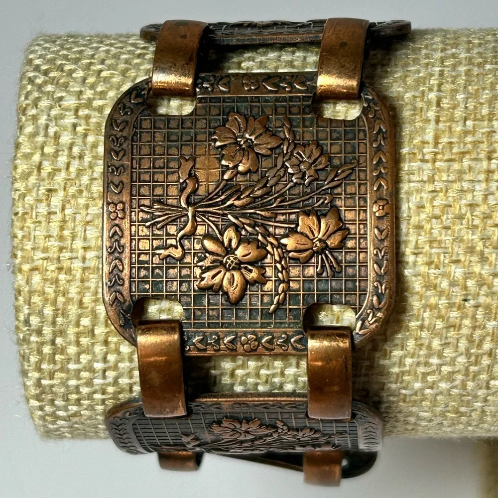 Vintage Wide Genuine Copper Panel Linked Bracelet Decorative Embossed Flowers